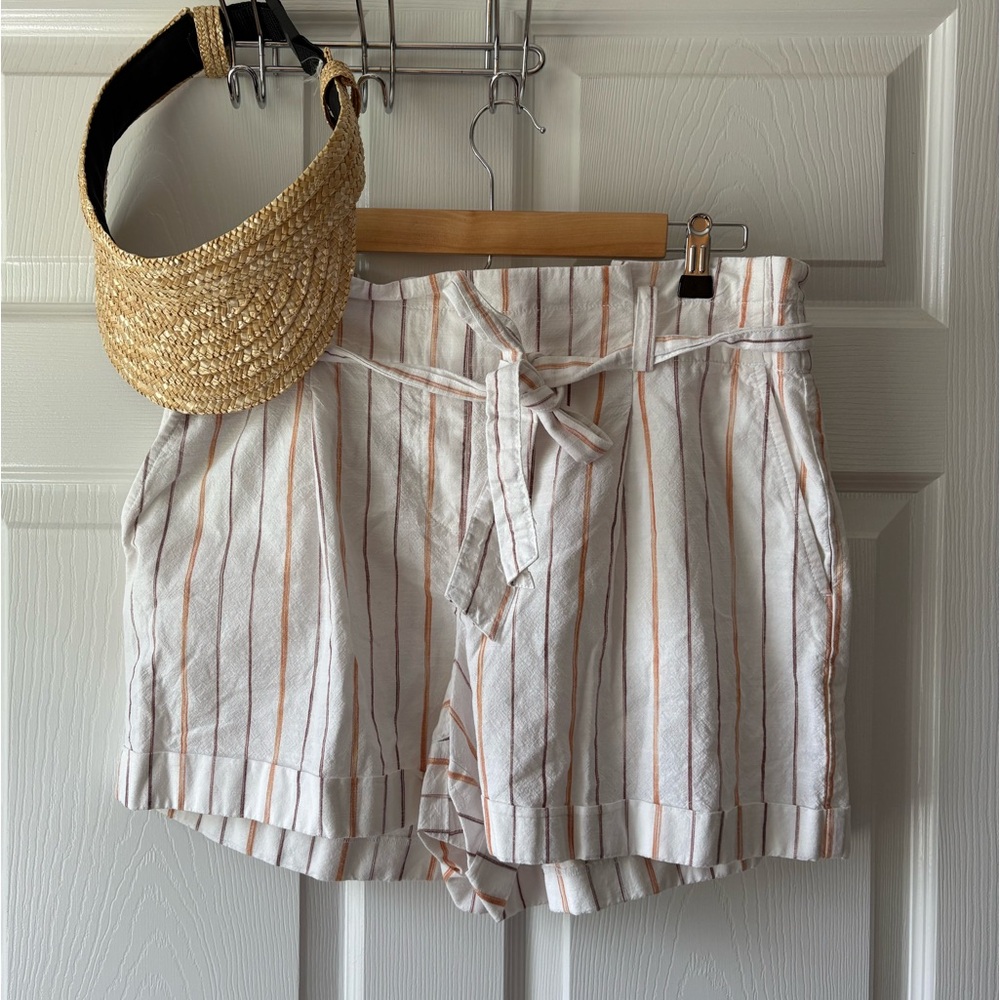 LOFT Outlet High Waist Paper Bag White Cotton Shorts Orange Stripes Size Large